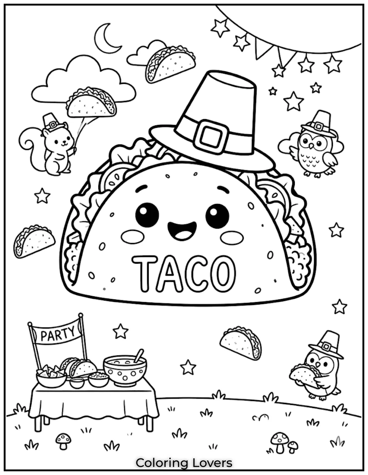 Smiling Kawaii Taco Coloring Pages 1