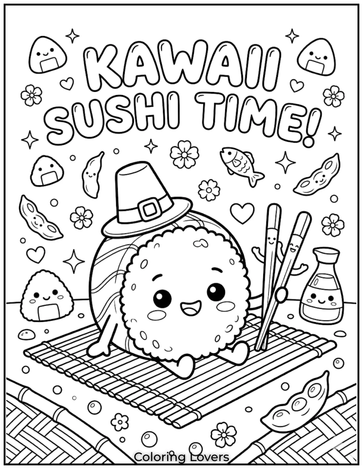 Sushi Roll FunTiny sushi rolls look adorable today. Kids enjoy coloring cheerful chopsticks beside smiling little sushi characters happily.