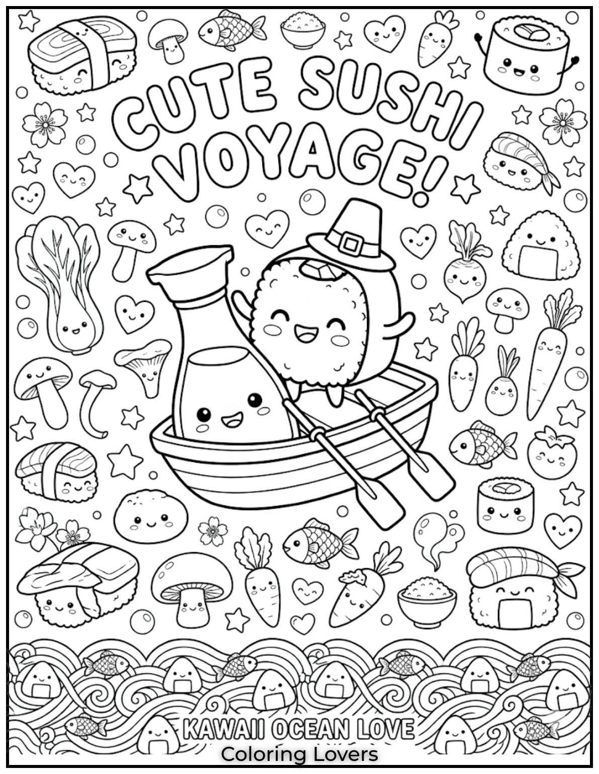 Soy Sauce SailingTiny sushi rolls ride sauce boats. Creative kawaii coloring pages feel relaxing, funny, and visually delightful for adults.
