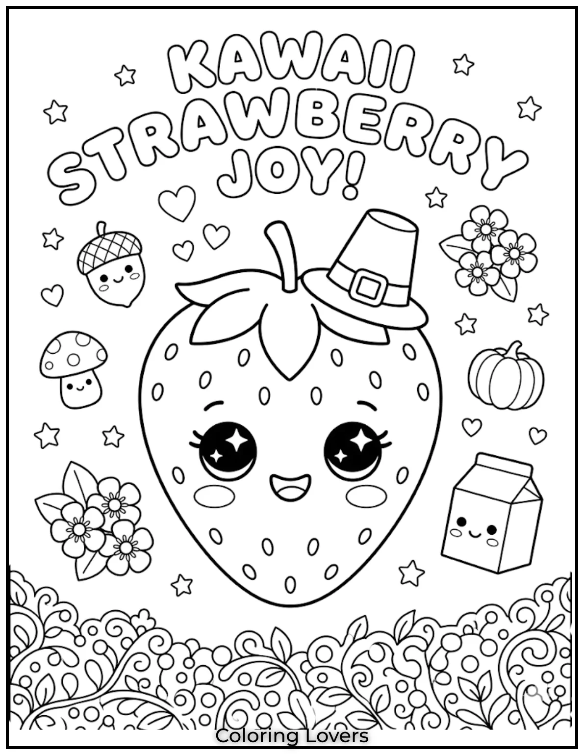 Strawberry Sparkle EyesTiny strawberries shine with sparkling eyes. Kids enjoy coloring adorable fruits with cheerful kawaii smiling expressions daily.
