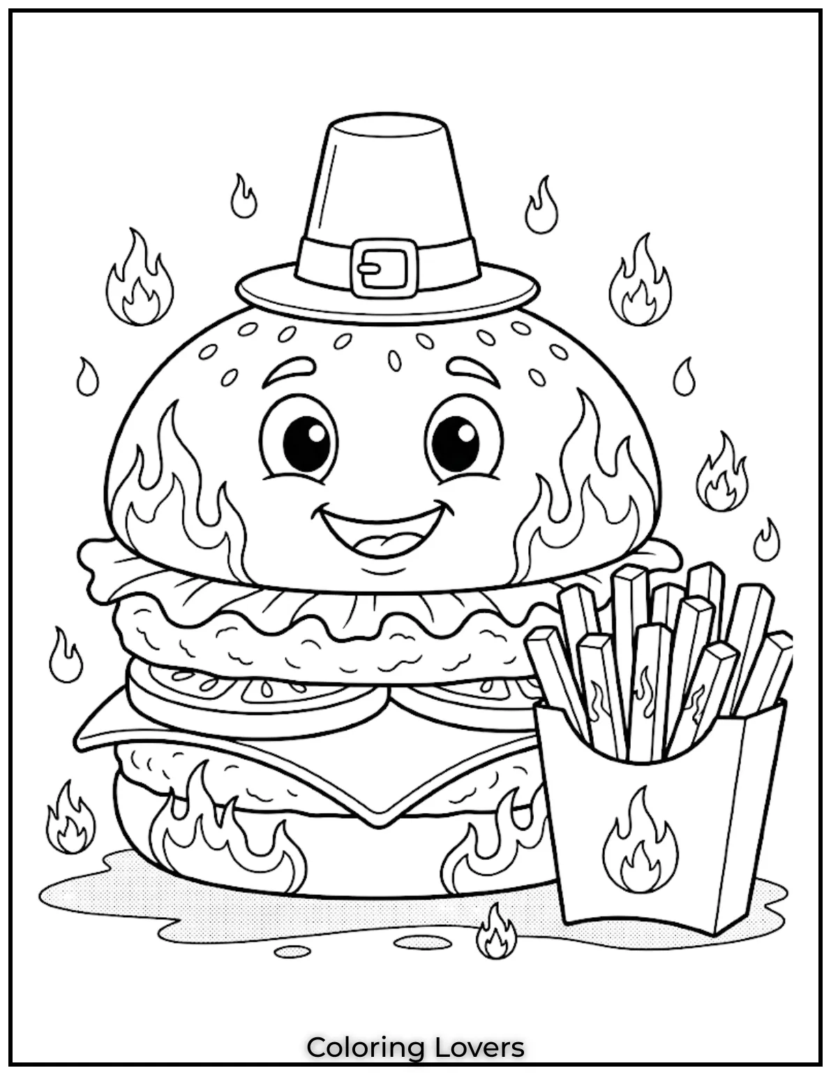 Burger Coloring Pages: Fun and Creative Food Art Printables 8 Spicy Flaming Burger With Fries 1