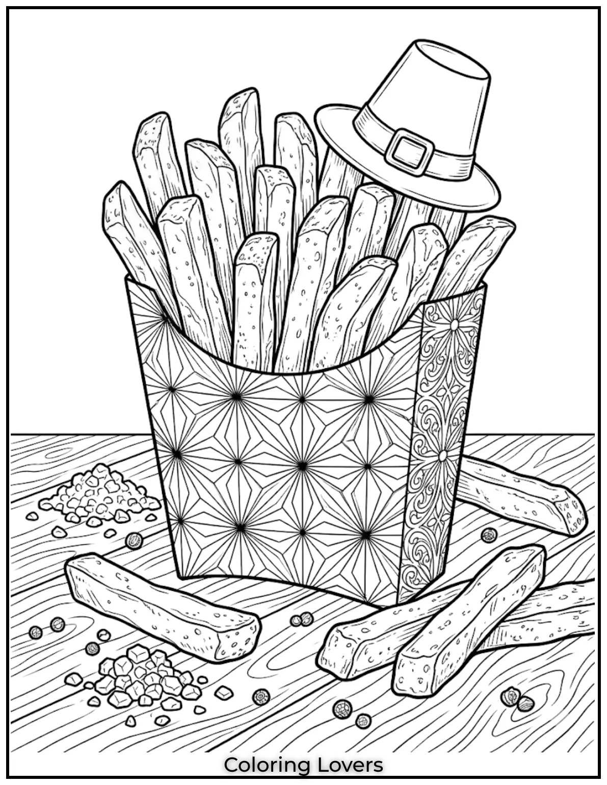 French fries coloring pages show steak cut fries in heavy outline realistic food style.