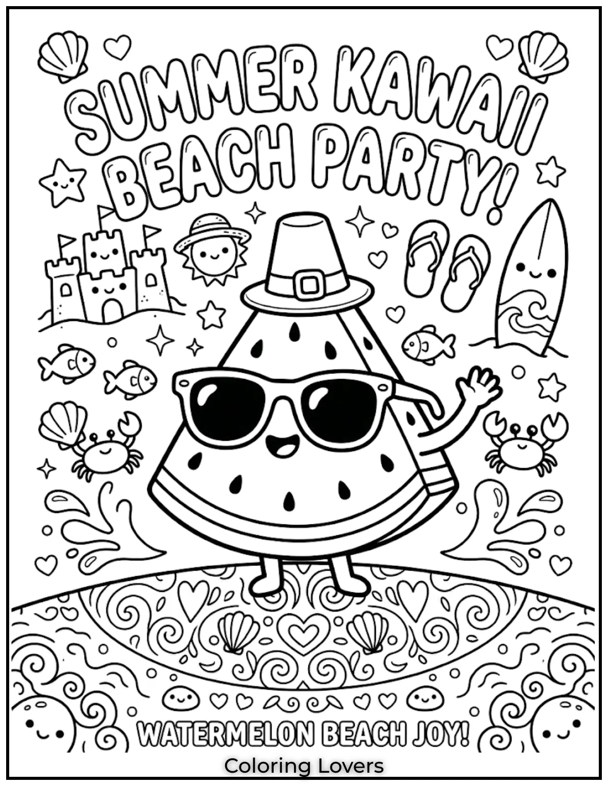 Watermelon Summer SmileHappy watermelon slices wear sunglasses proudly. Bright summer coloring pages always feel cheerful, playful, and wonderfully relaxing today.
