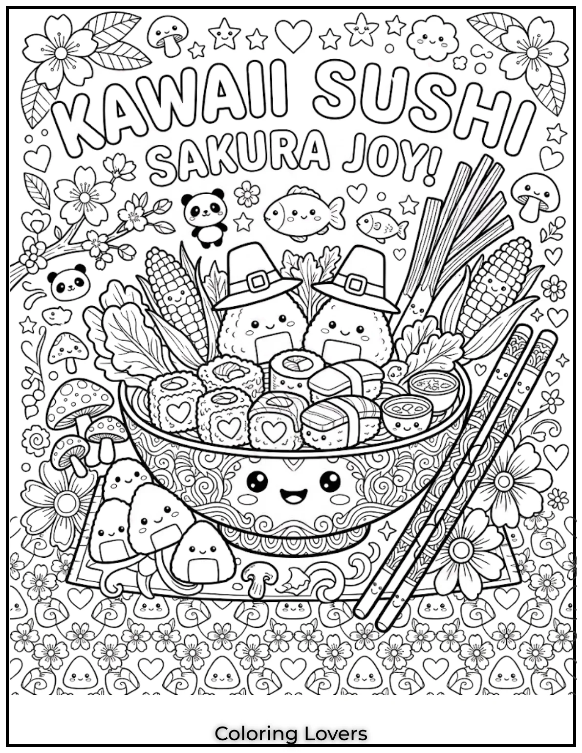 Sushi Picnic BlossomCute sushi friends enjoy blossom picnics. Adults love coloring peaceful scenes filled with adorable kawaii food characters.