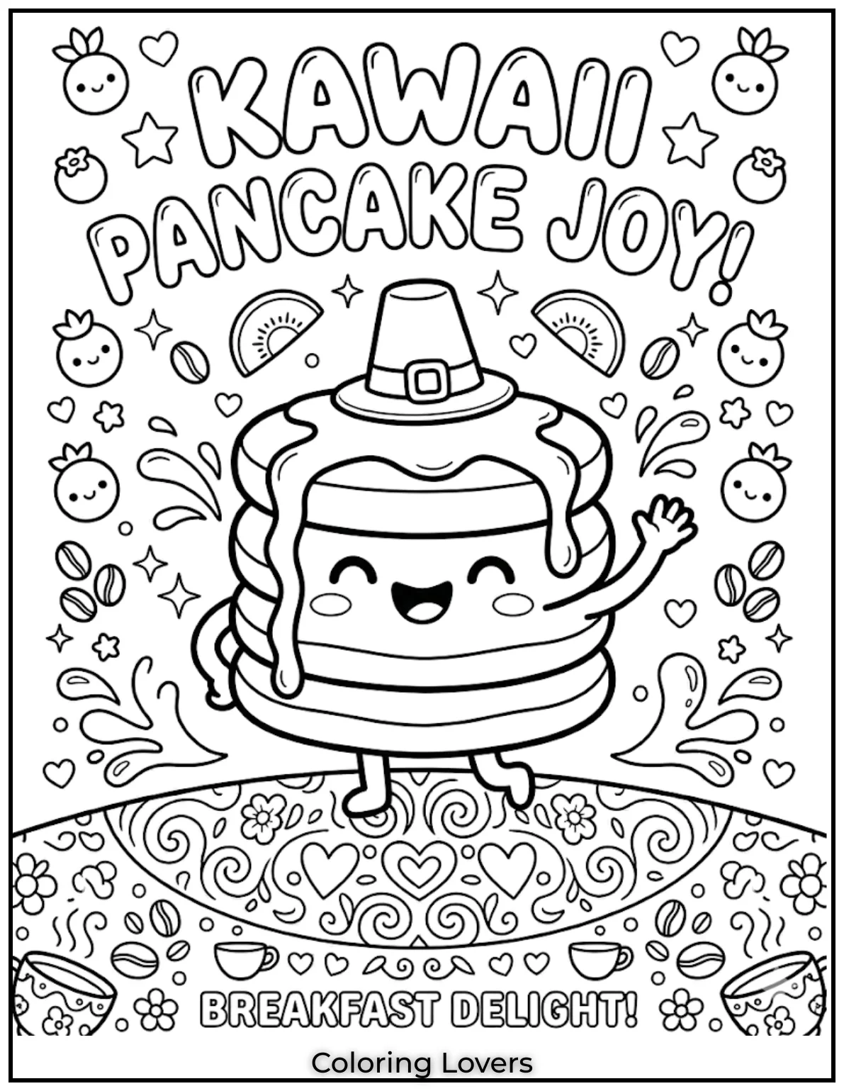 Pancake Syrup StackCute pancake stacks smile sweetly today. Kids enjoy coloring syrup drips and cheerful breakfast kawaii food characters.