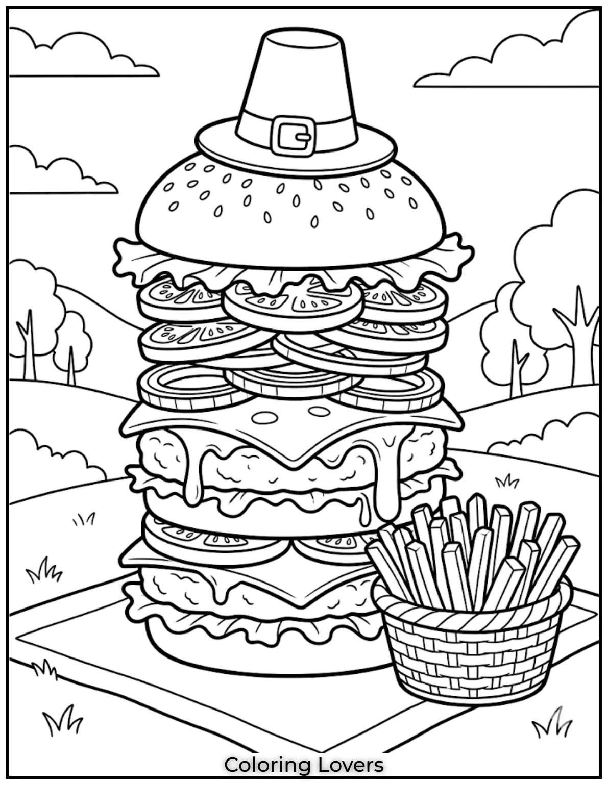 A tall burger stack with cheese and fries basket looks funny and exciting to color