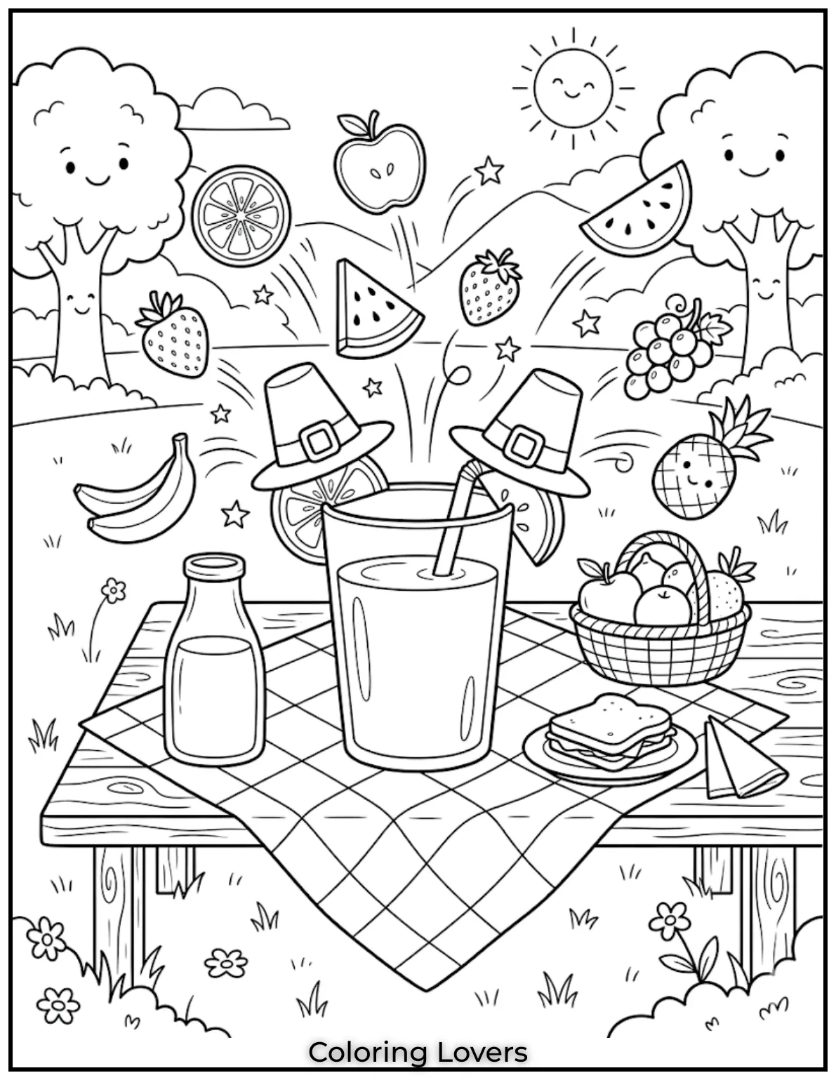 Tropical Juice PartyColorful fruit juice with flying fruit slices and picnic table creating lively tropical coloring page