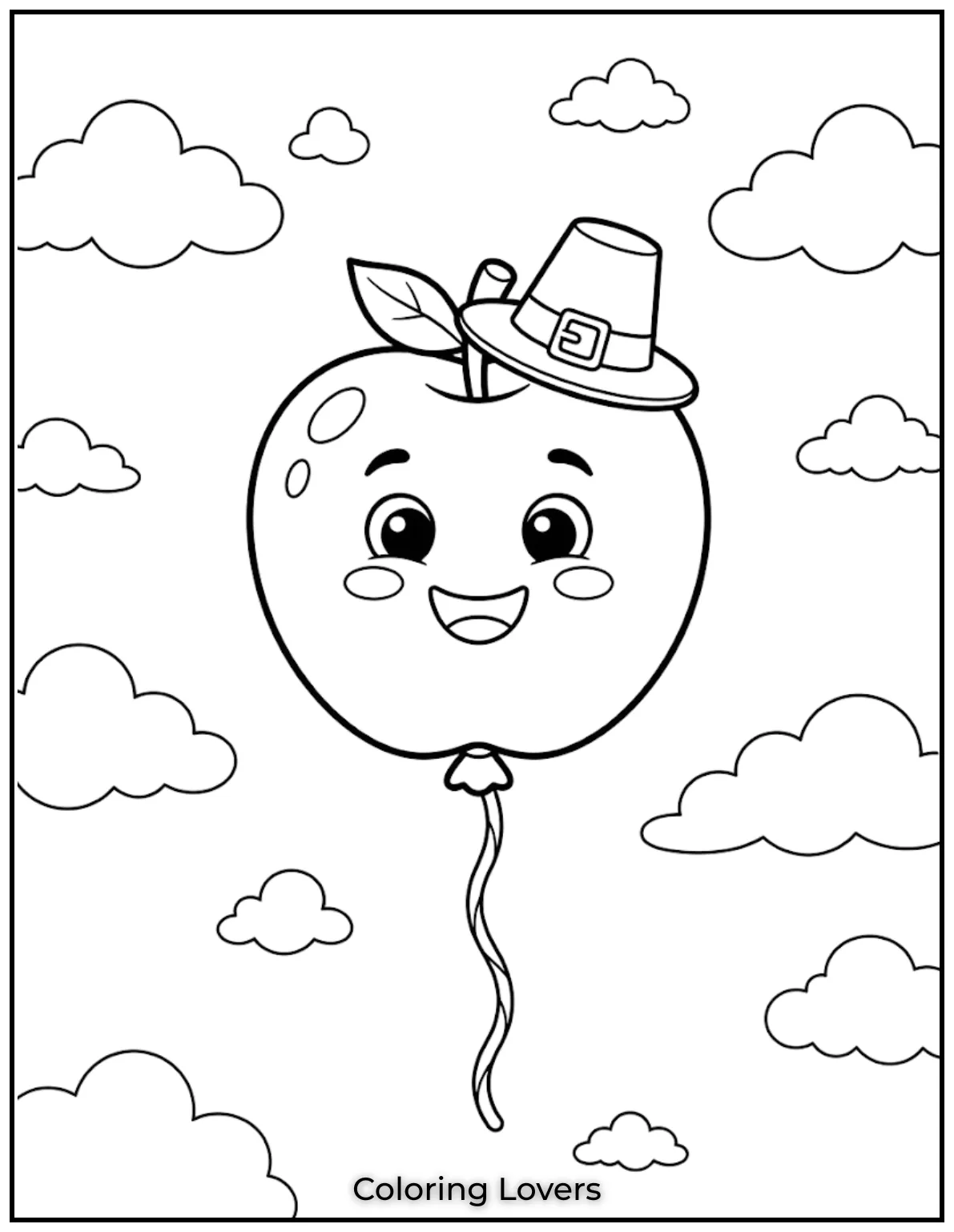 A floating apple rises through fluffy clouds. Big outlines help young artists color every part with confidence easily.