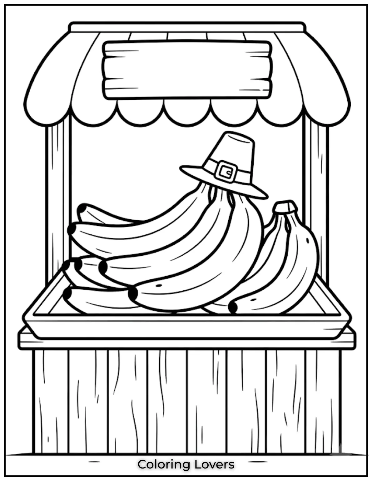 Joyful Banana Coloring Pages Everyone Will Love 8 Fresh bananas on a market stand create an easy coloring scene with simple objects and bold outlines throughout.