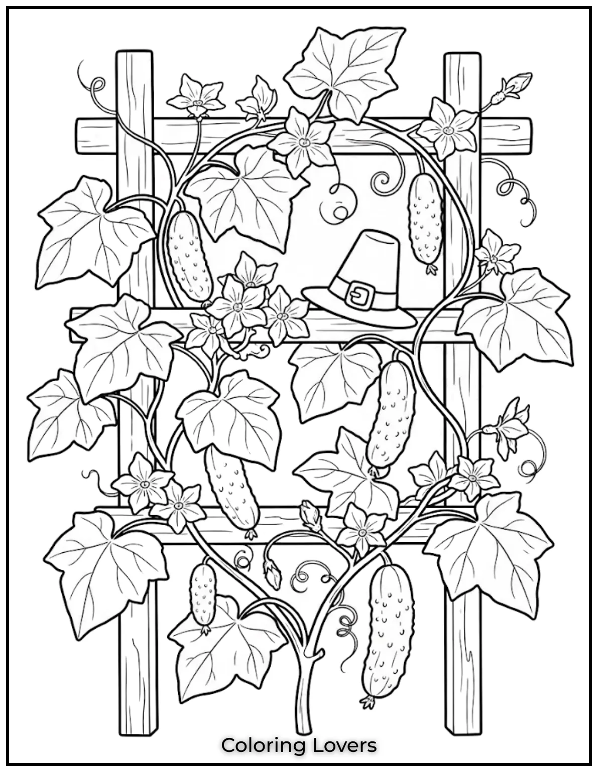 Fresh blossoms, healthy vines, and broad leaves showcase thriving cucumber plants with inviting details for relaxing coloring experiences together.