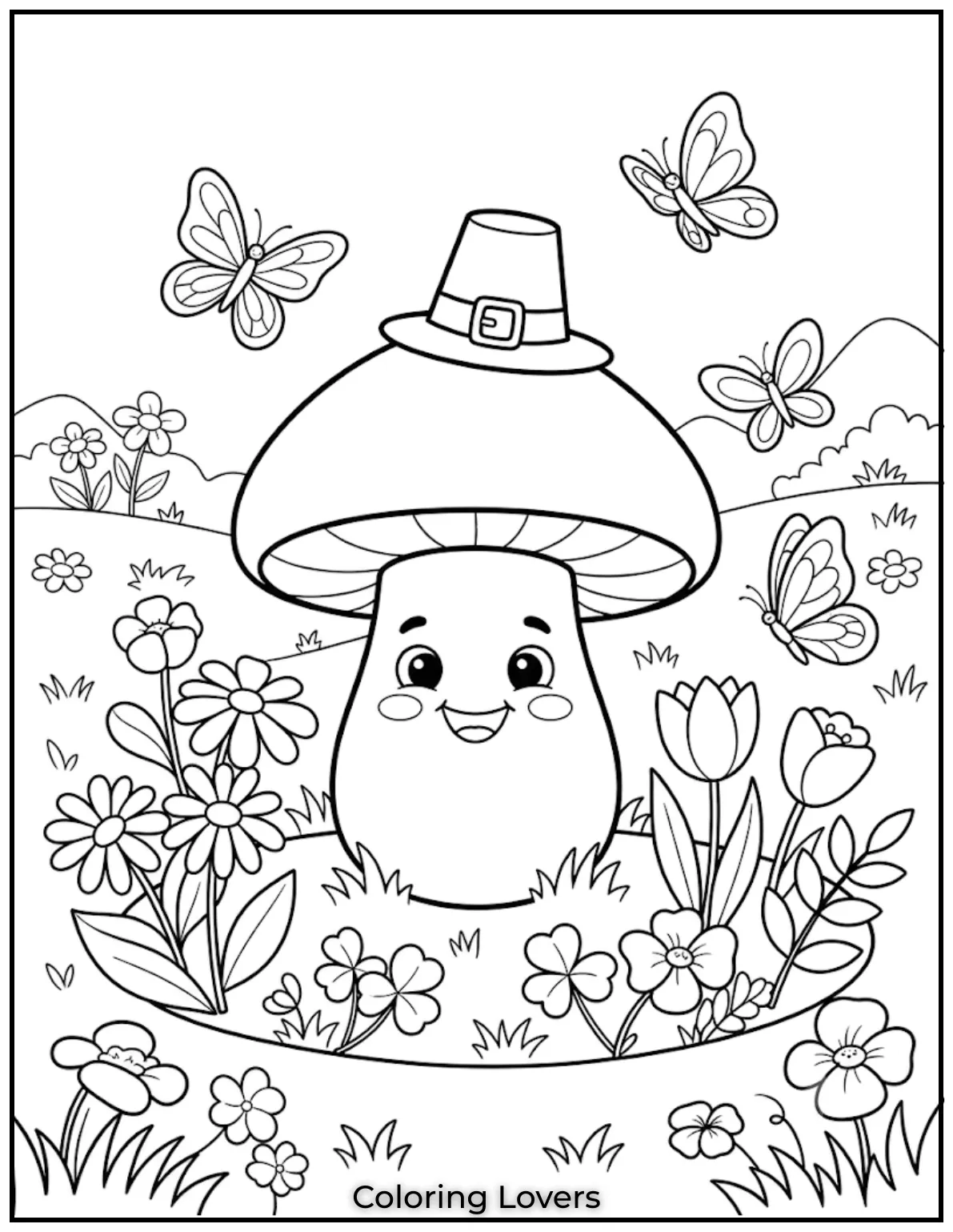 Blooming flowers surround charming mushrooms, creating beautiful garden scenes that inspire relaxing creativity and colorful imagination every day.