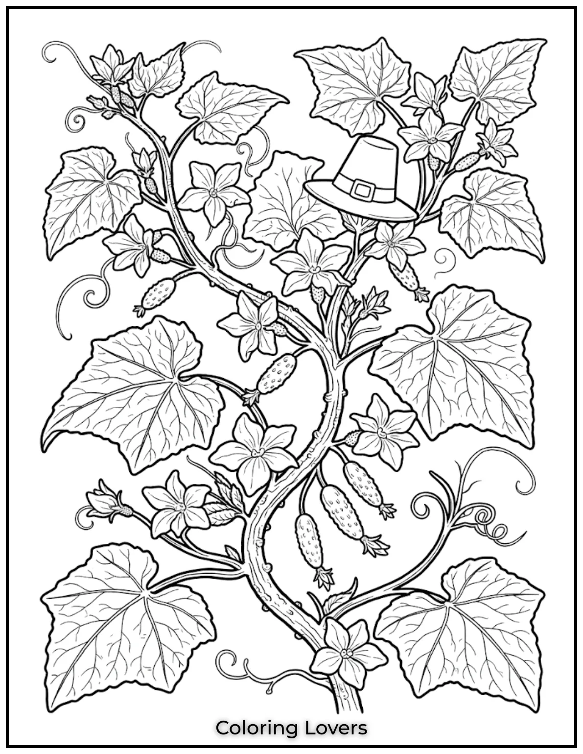 Detailed leaves, curling vines, and blooming flowers create an elegant botanical illustration perfect for peaceful coloring sessions daily.