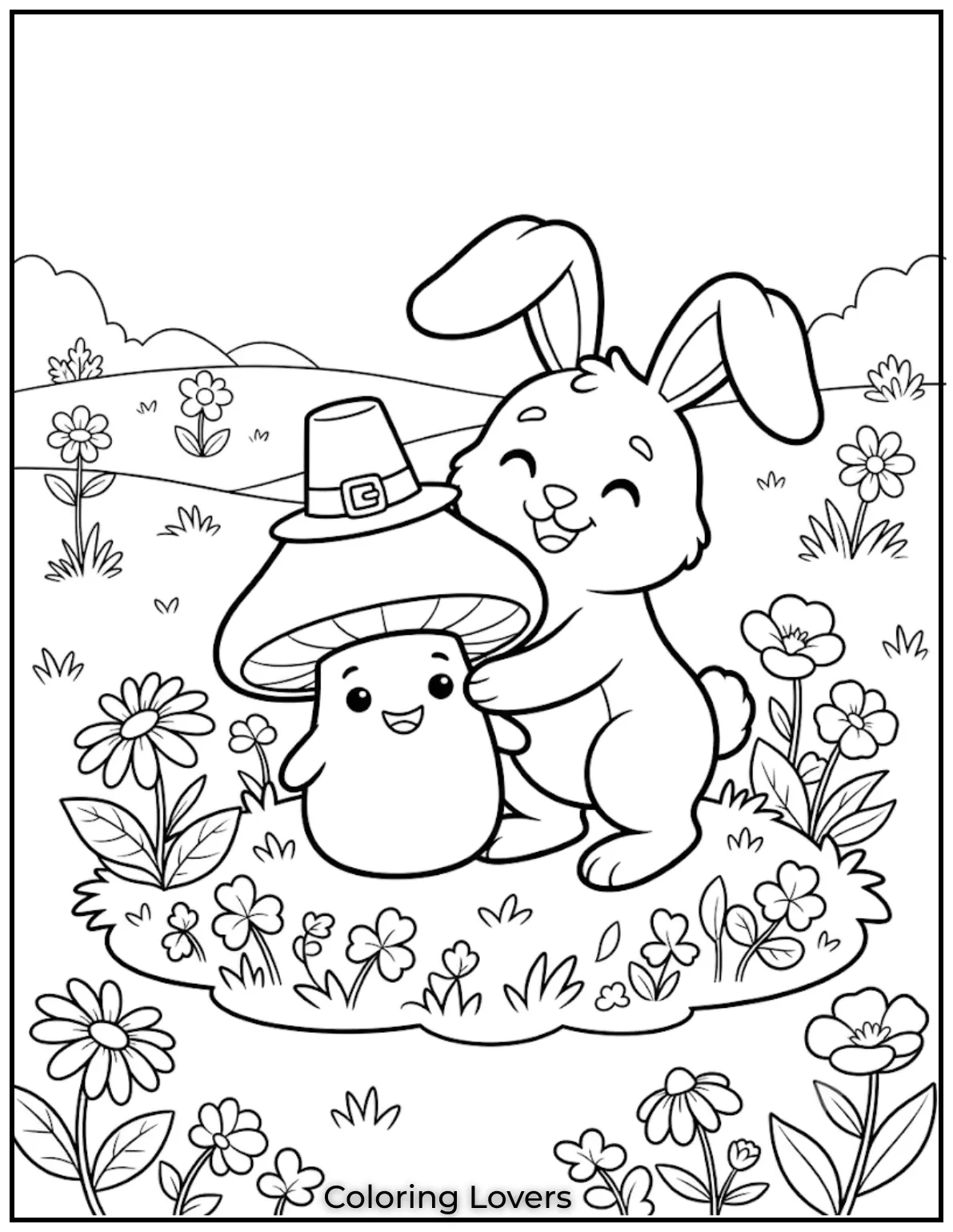 Friendly bunnies happily meet cheerful mushrooms, filling every page with playful woodland magic and creative coloring excitement daily.