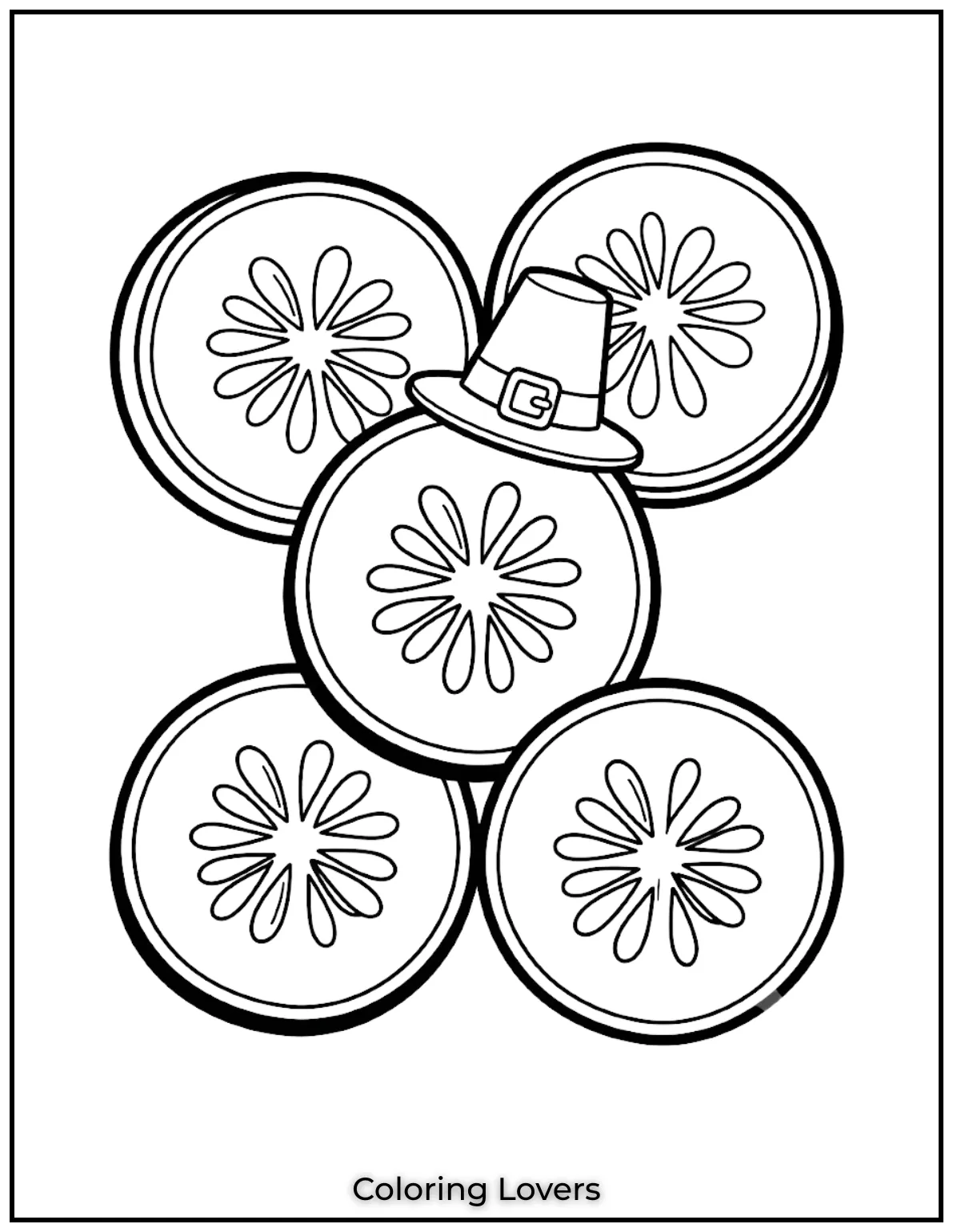 Perfectly round cucumber slices highlight natural seed patterns using bold lines that remain simple for beginners and families.