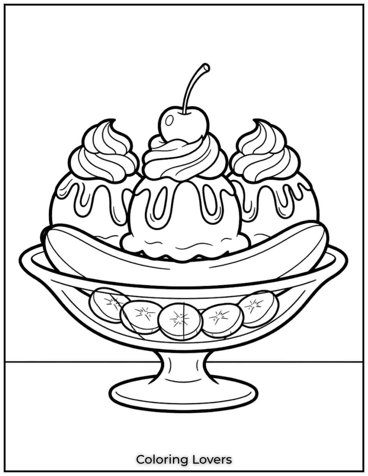 Joyful Banana Coloring Pages Everyone Will Love 12 A classic banana split features ice cream, syrup, whipped cream, and cherries with easy coloring details throughout.