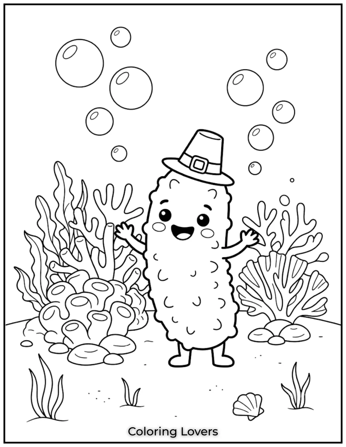 Beautiful coral reefs, waving seaweed, and floating bubbles give this sea cucumber an attractive ocean-inspired printable background.