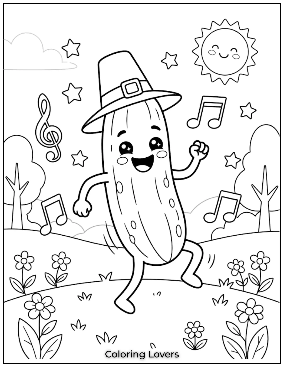 Joyful dance moves and playful music notes make this lively cucumber illustration exciting without adding complicated drawing details.