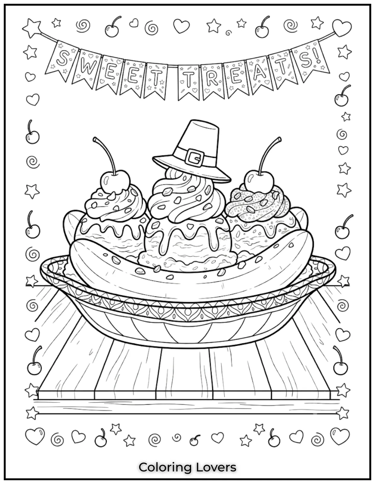 Joyful Banana Coloring Pages Everyone Will Love 14 A deluxe banana split features tasty toppings, simple dessert shapes, and large spaces for creative coloring fun.