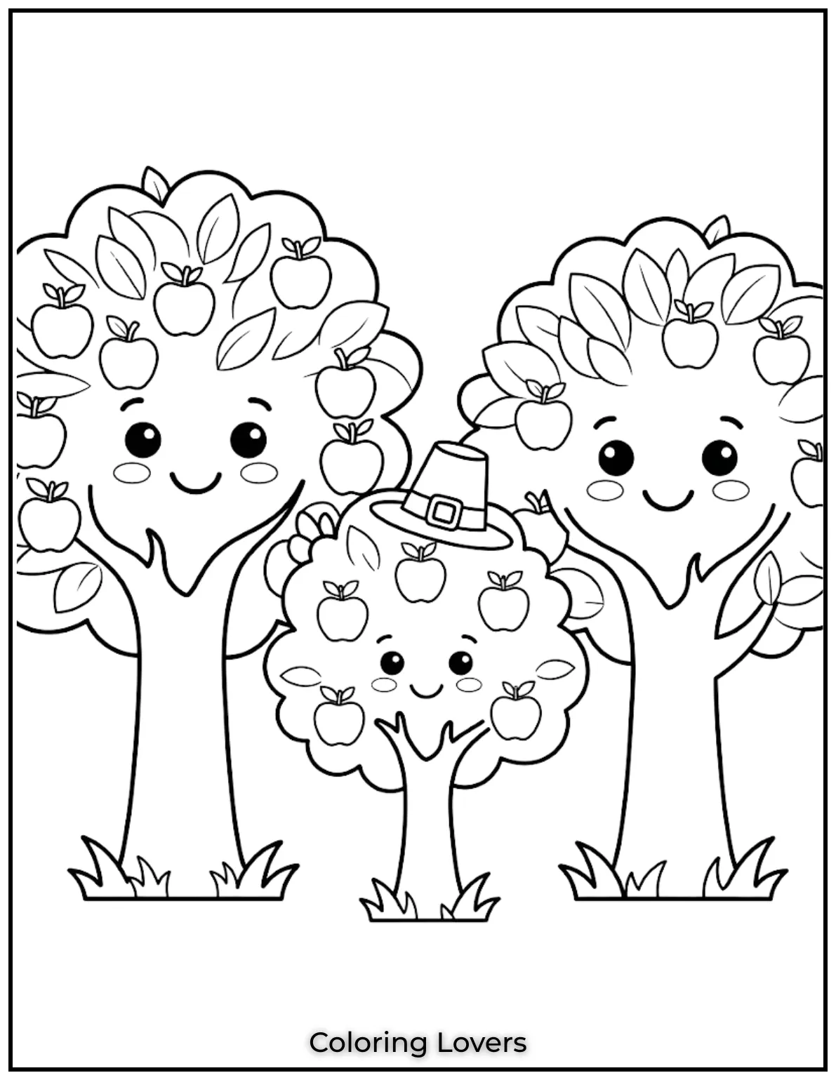 Several apple trees stand together like a family. Every part stays simple and enjoyable to color slowly.