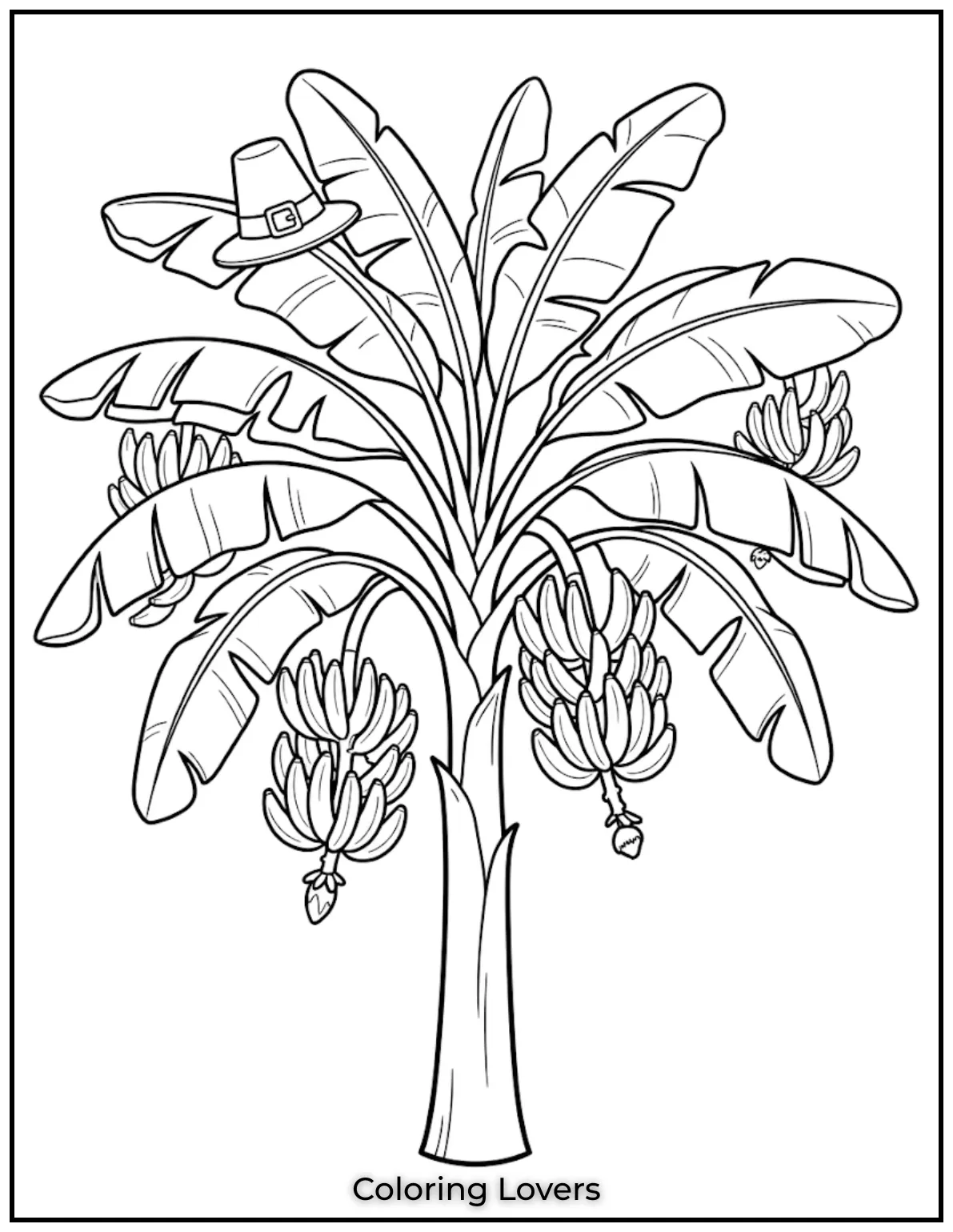Joyful Banana Coloring Pages Everyone Will Love 10 A fruiting banana tree shows hanging bananas, wide leaves, and bold outlines for relaxing coloring fun every time.
