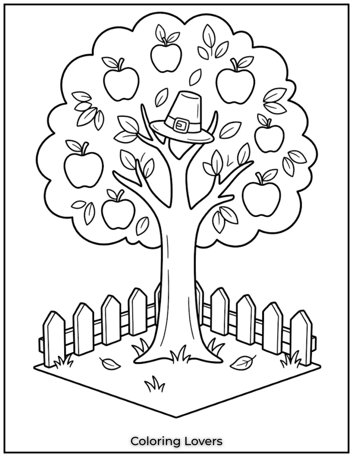 A little garden grows around the tree with neat paths, fresh plants, and easy shapes for coloring.