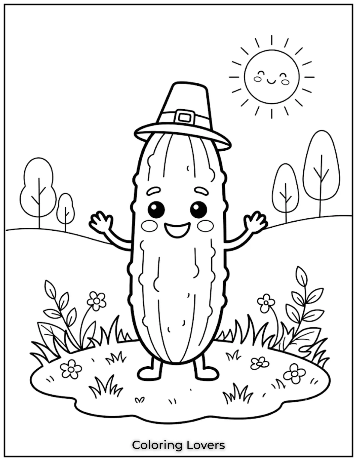 A smiling cucumber welcomes colorful creativity through bold outlines, friendly expressions, and simple shapes for everyone today.