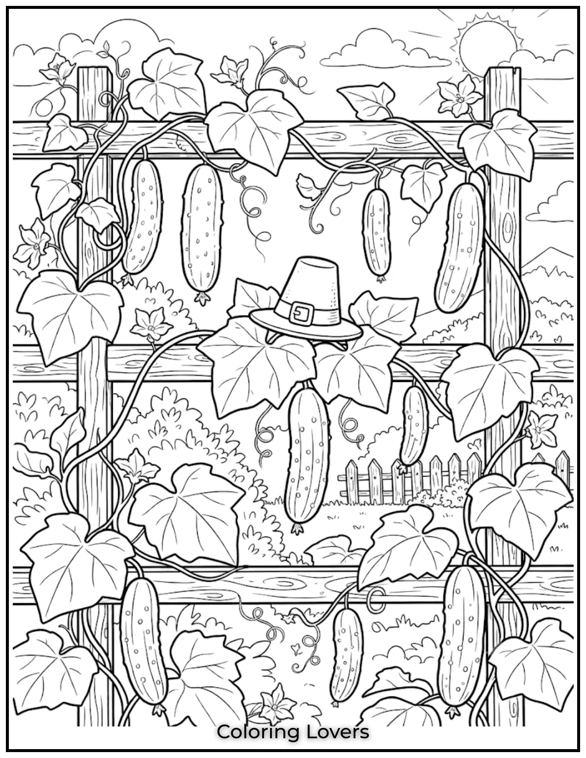 Ripe cucumbers hang proudly from flourishing vines, celebrating harvest season through simple outlines and charming garden-inspired artwork beautifully.