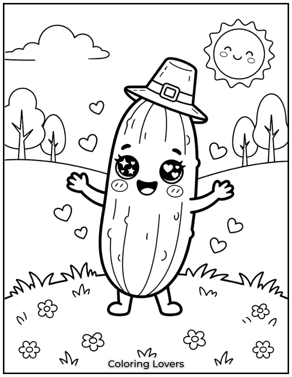 Sweet cheeks, sparkling eyes, and adorable details transform this cucumber into a delightful page anyone can easily color