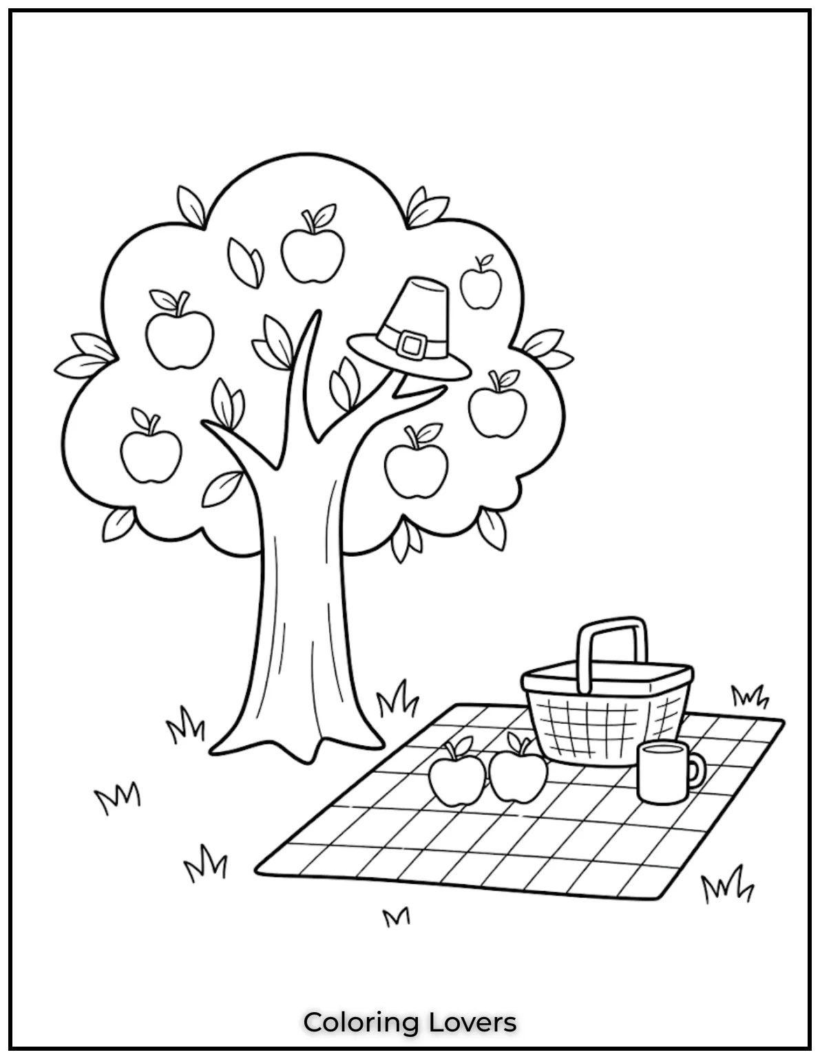 A picnic under an apple tree creates a happy scene with open spaces and simple objects to color.