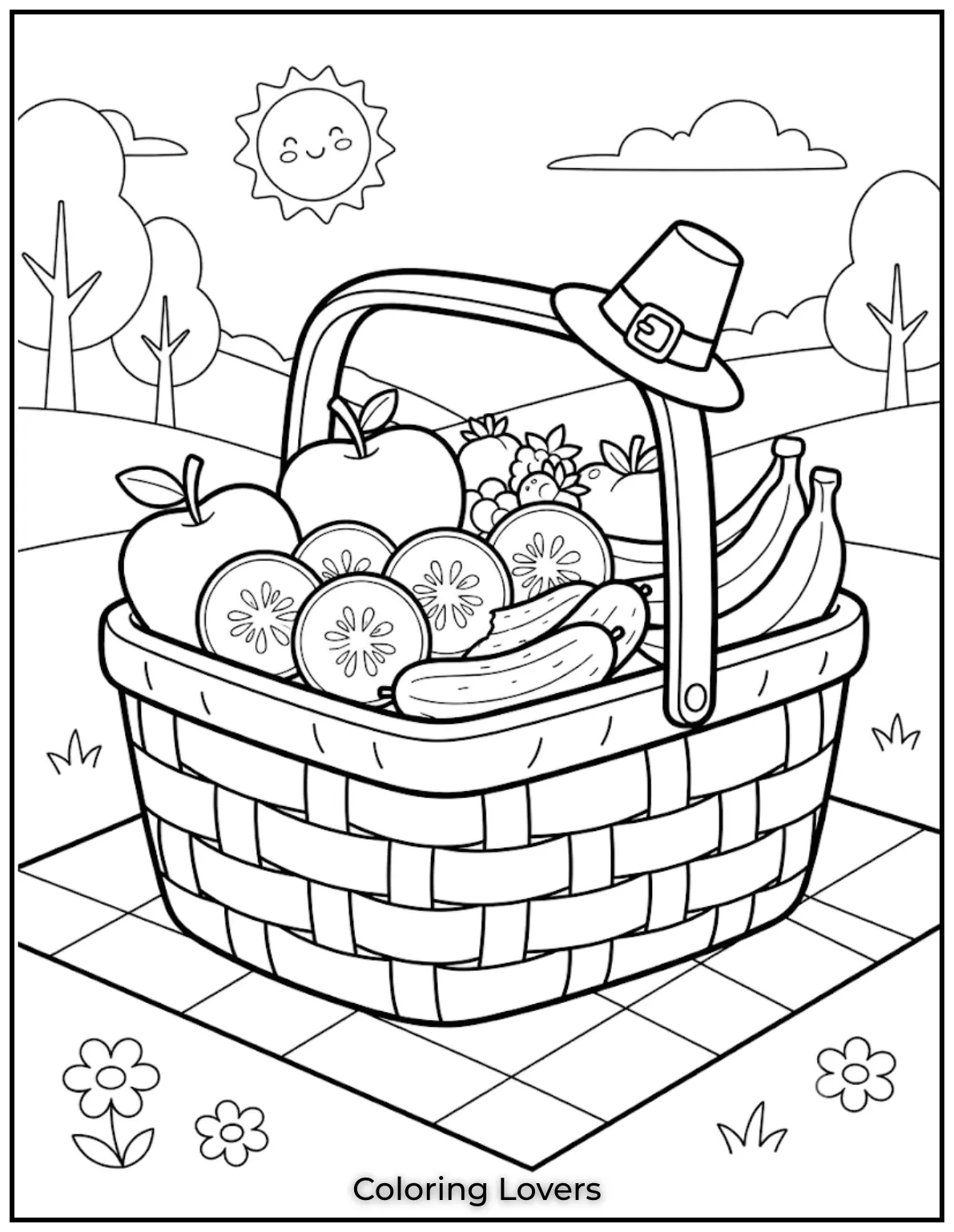Fresh cucumber slices rest inside a picnic basket surrounded by light decorations and cheerful outdoor scenery for coloring.