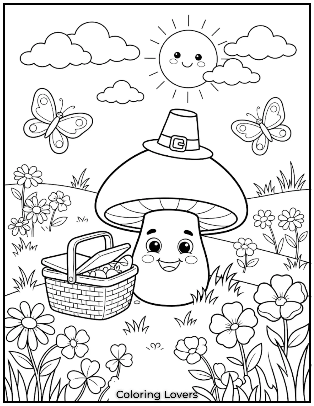 Pack colorful imagination beside adorable mushrooms, picnic treats, butterflies, and blooming flowers for joyful artistic adventures outdoors.