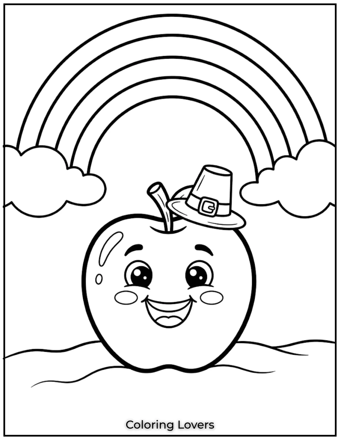 A bright rainbow shines above the apple. Large sections make every color stand out beautifully on the page.