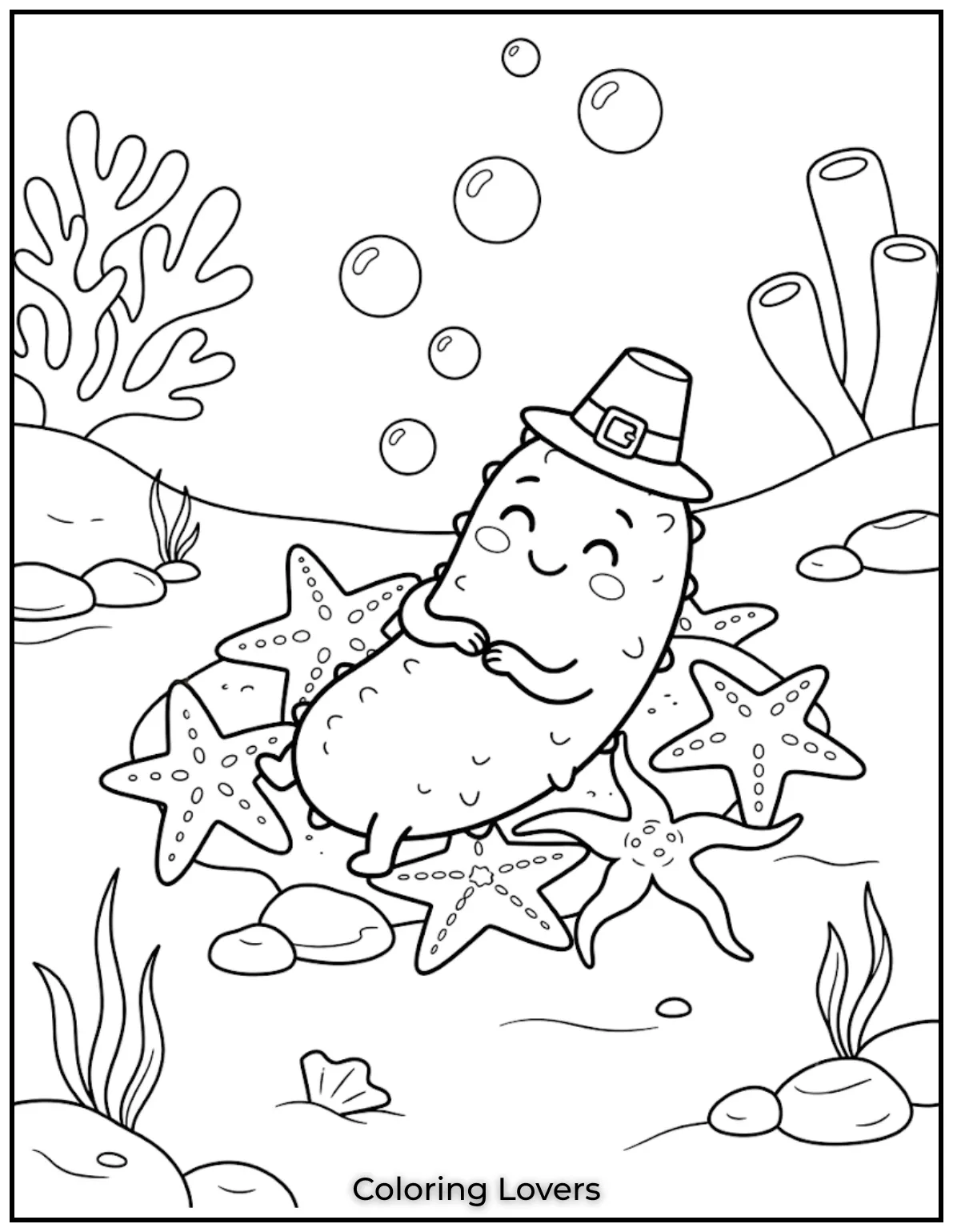 Soft sandy seabeds, tiny starfish, and simple sea plants surround this friendly cucumber with relaxing printable scenery beautifully.