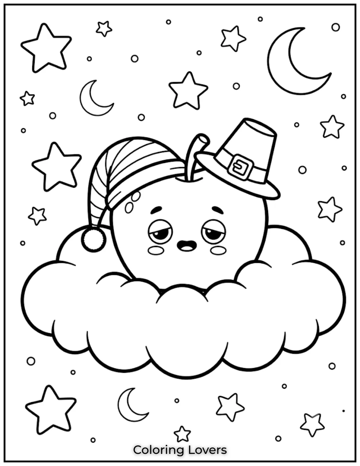 A sleepy apple rests quietly on a fluffy cloud. Wide spaces help every page stay easy to finish.