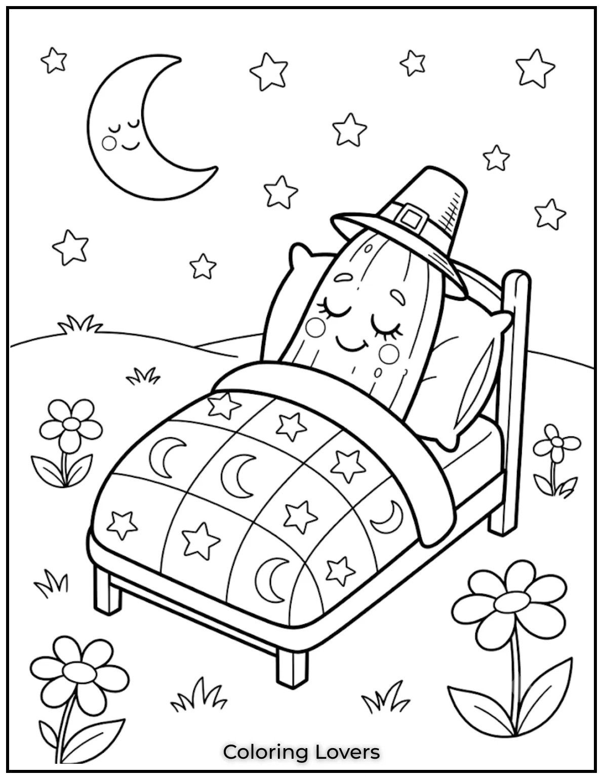 Peaceful bedtime scenes featuring a resting cucumber create calming coloring moments with clear outlines and cozy little touches.