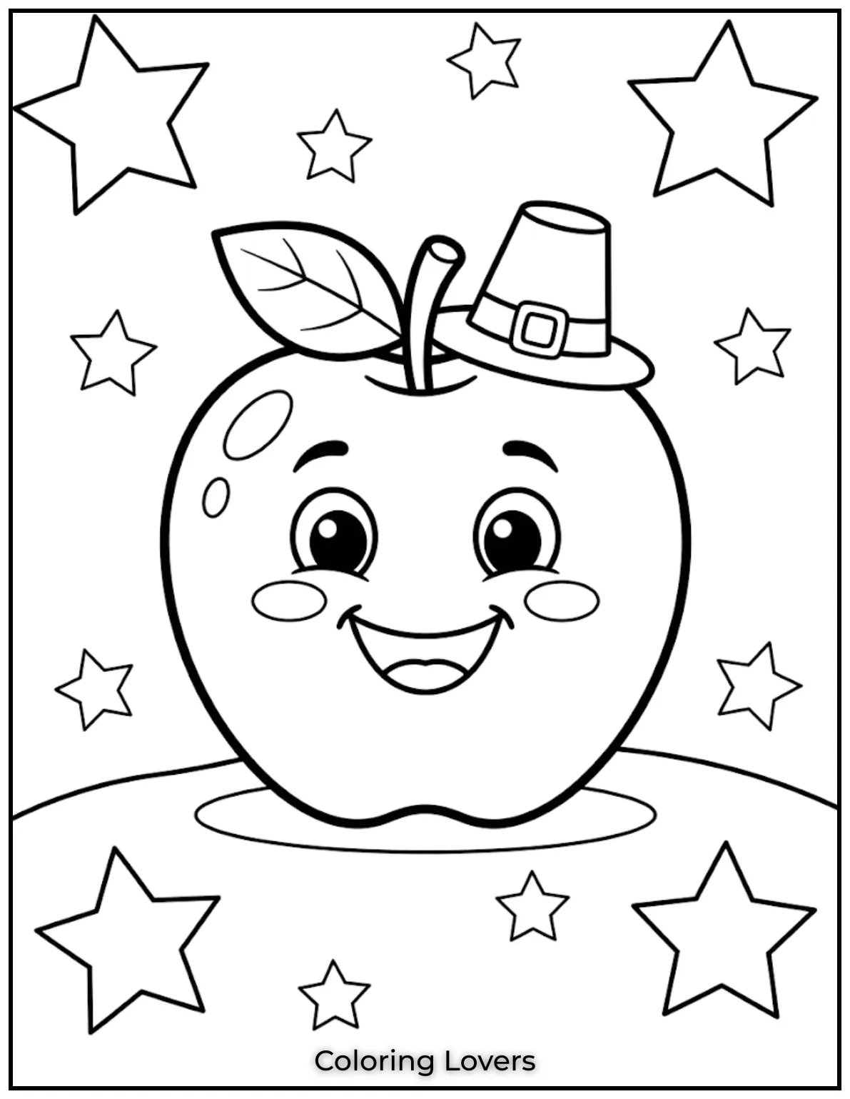Sparkling stars surround the smiling apple. The bold artwork makes coloring simple, exciting, and full of happy moments.