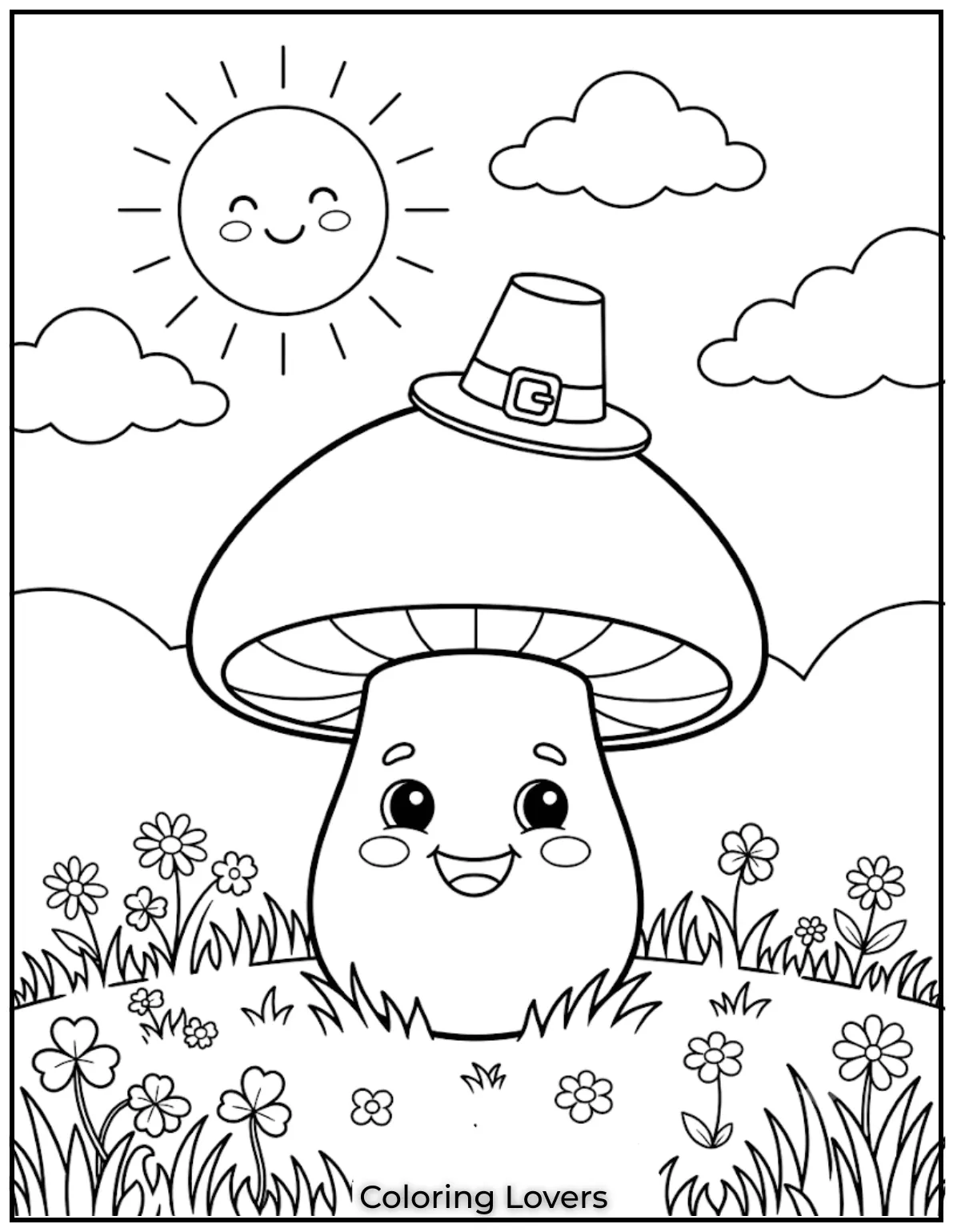 Warm sunshine shines above friendly mushrooms, creating an uplifting scene perfect for relaxing creative coloring every afternoon.