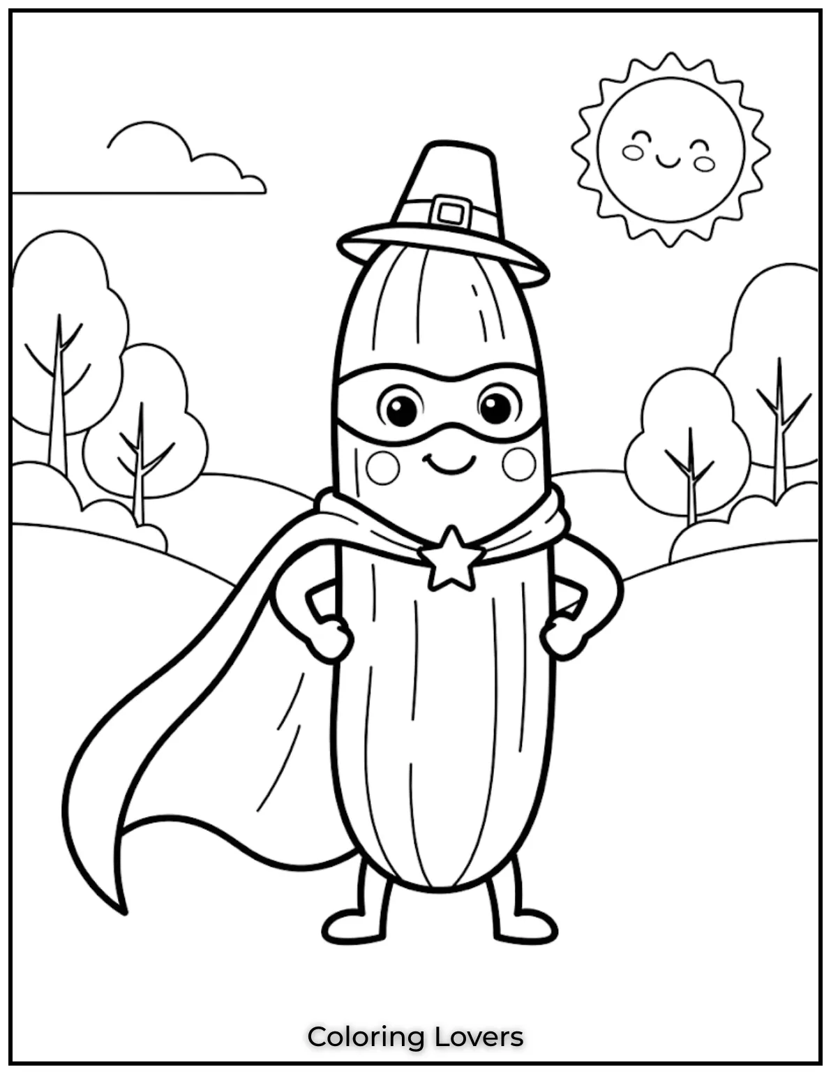 A fearless cucumber wearing a flowing cape inspires imaginative adventures through bold printable outlines and playful action scenes.