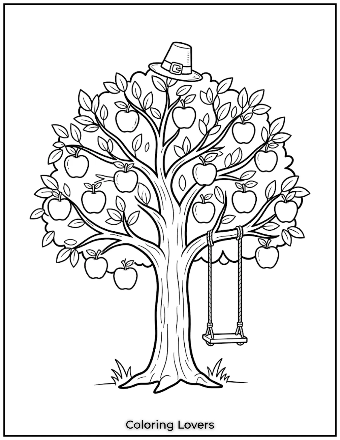 An apple tree with a small swing brings playful outdoor fun using bold outlines and clean shapes only.