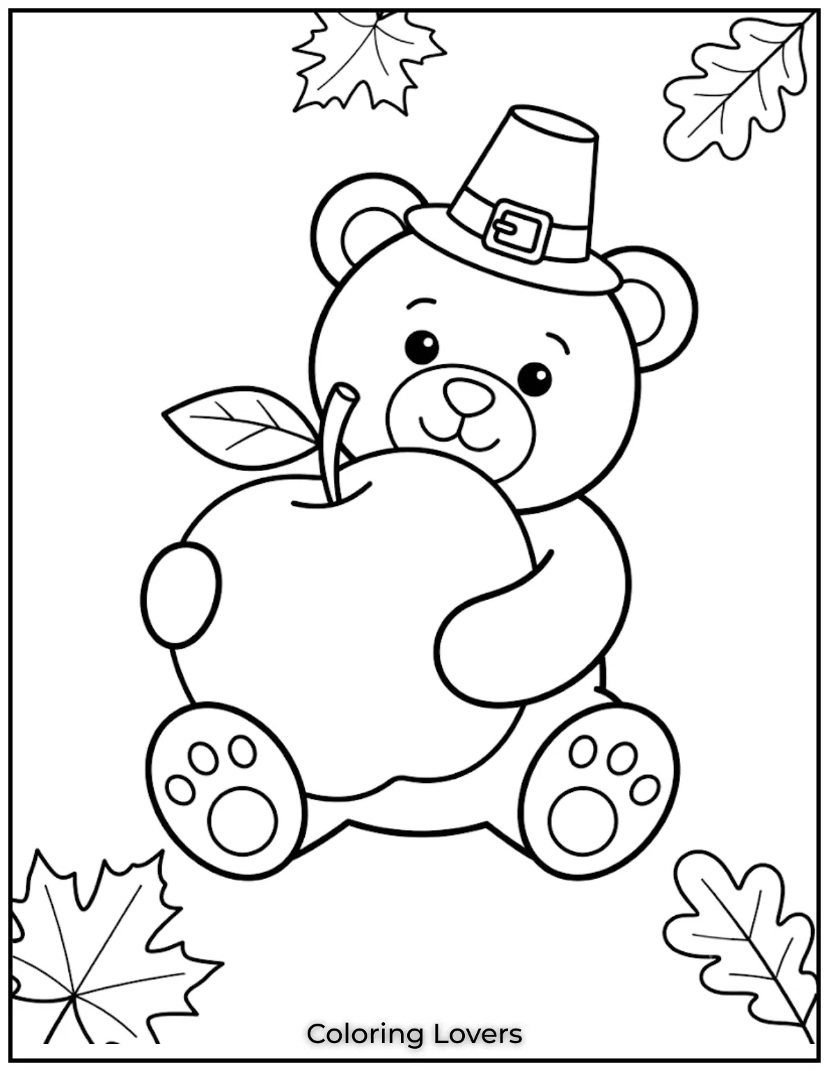 A cuddly teddy hugs a tasty apple. Simple shapes make this page relaxing, playful, and enjoyable for beginners.
