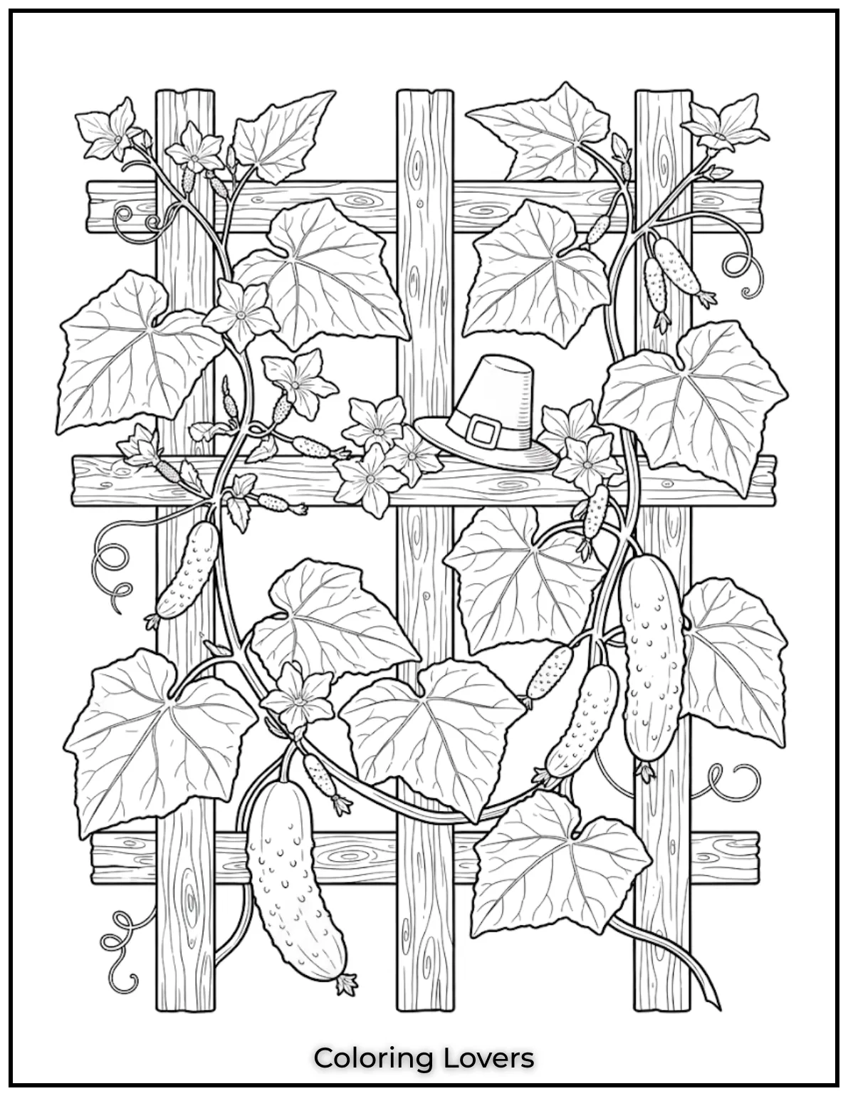 Climbing vines wrap naturally around wooden supports, offering satisfying details without becoming overwhelming for mindful coloring enthusiasts.