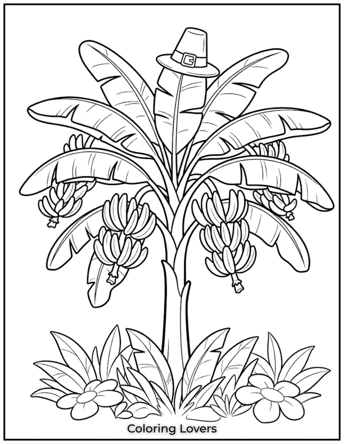 Joyful Banana Coloring Pages Everyone Will Love 11 A tropical banana tree stands in sunshine with simple grass, large leaves, and clean outlines for coloring.