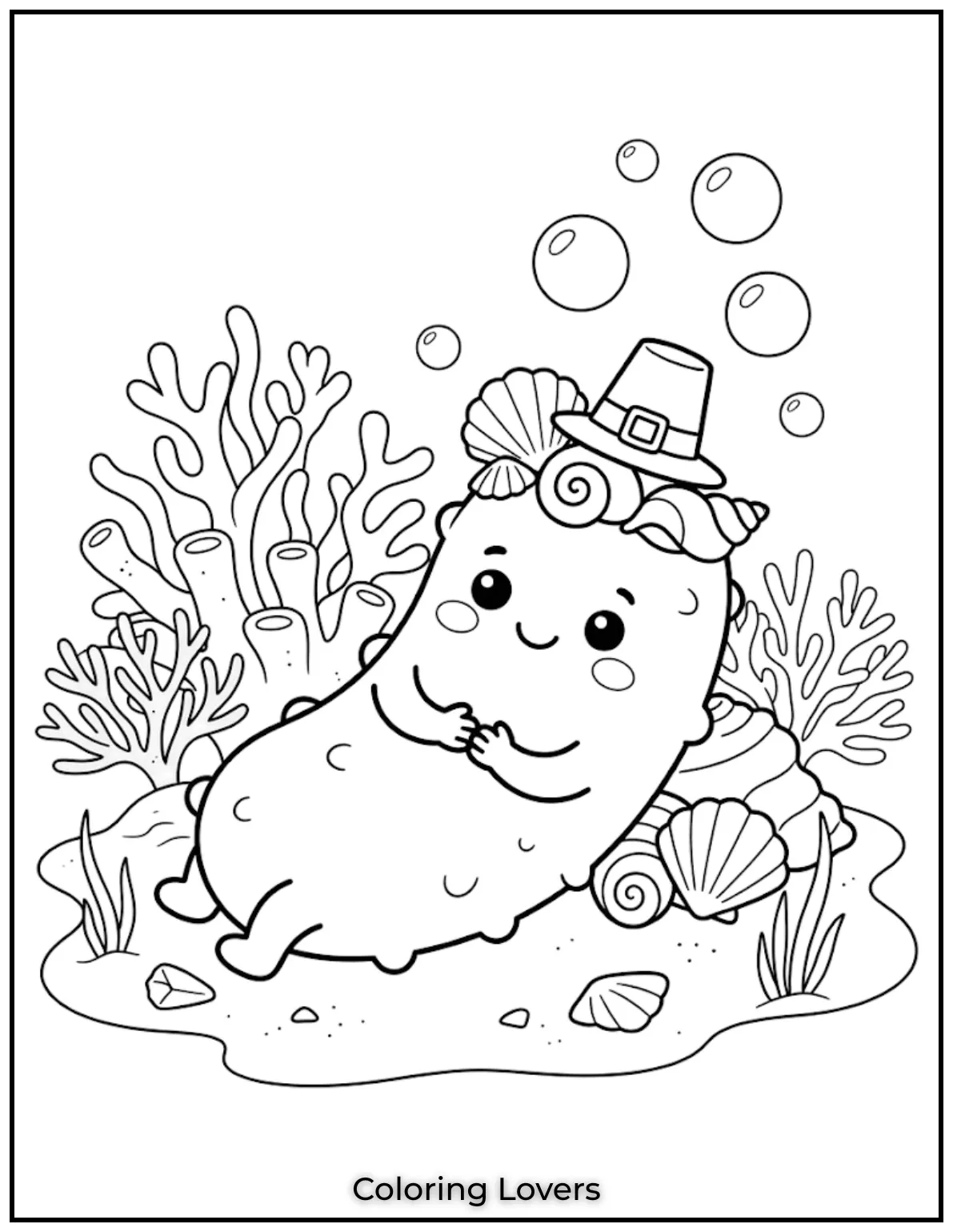 Gentle ocean bubbles, peaceful shells, and smiling sea creatures create an inviting underwater coloring adventure for every artist.