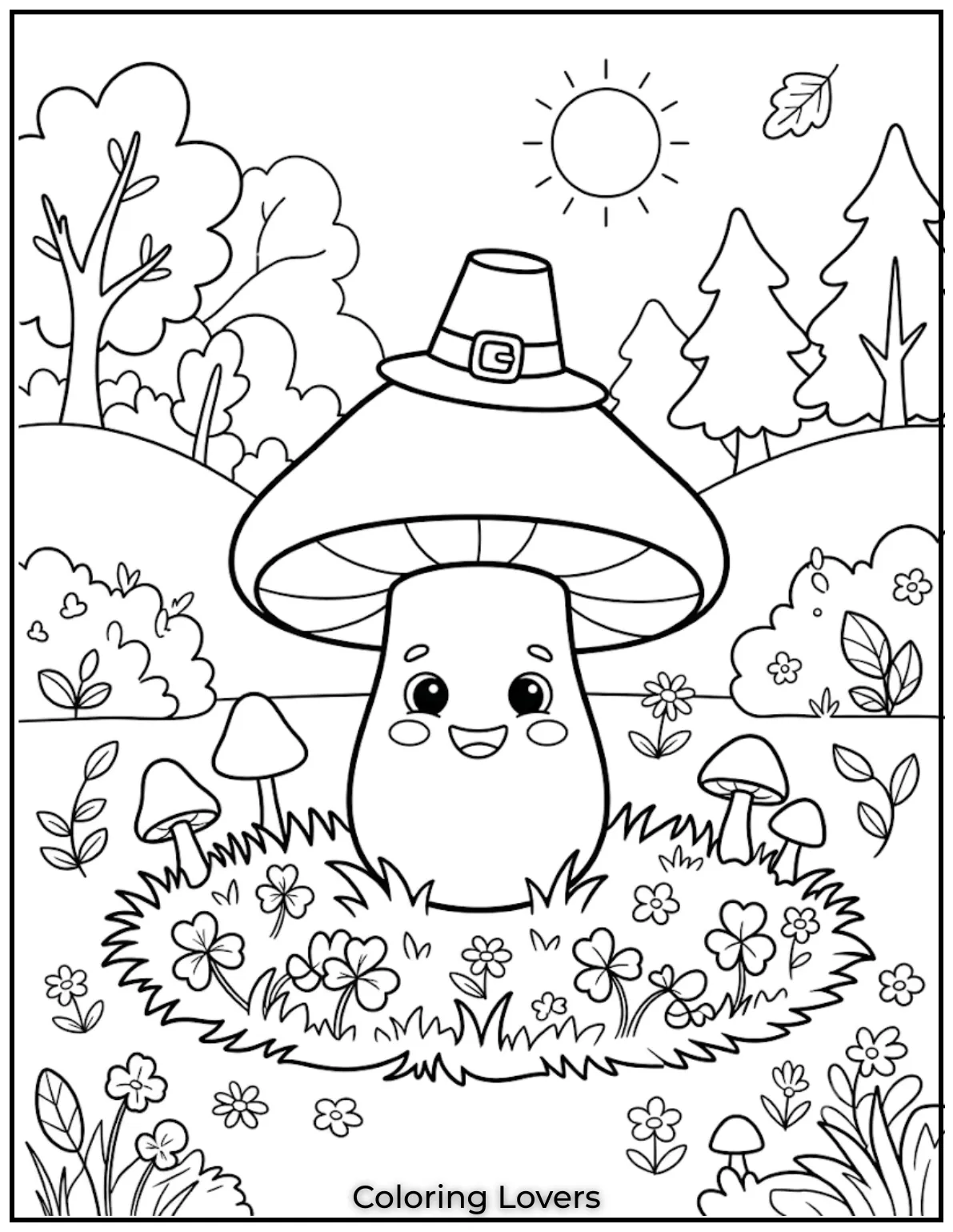 Peaceful woodland scenery surrounds charming mushrooms, giving every page a calm nature feeling with delightful artistic inspiration.