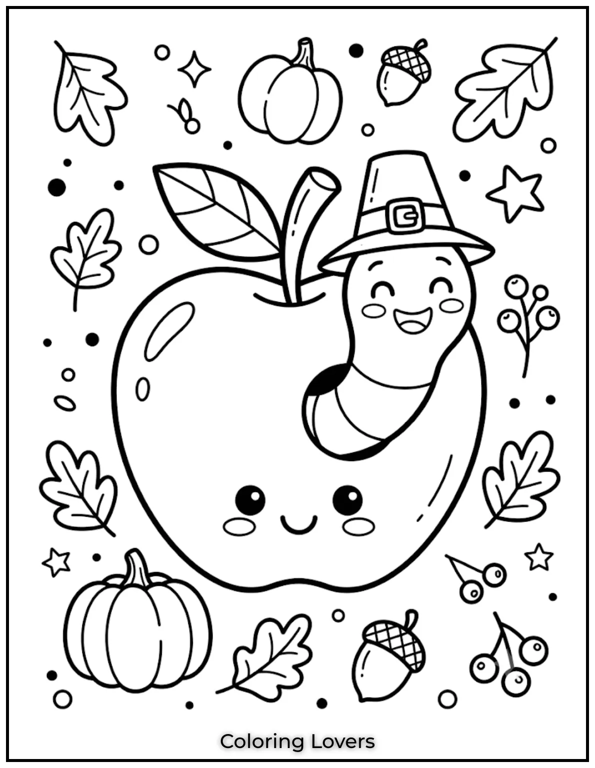 A tiny worm peeks outside the apple. Thick borders make every part quick and fun to color today.