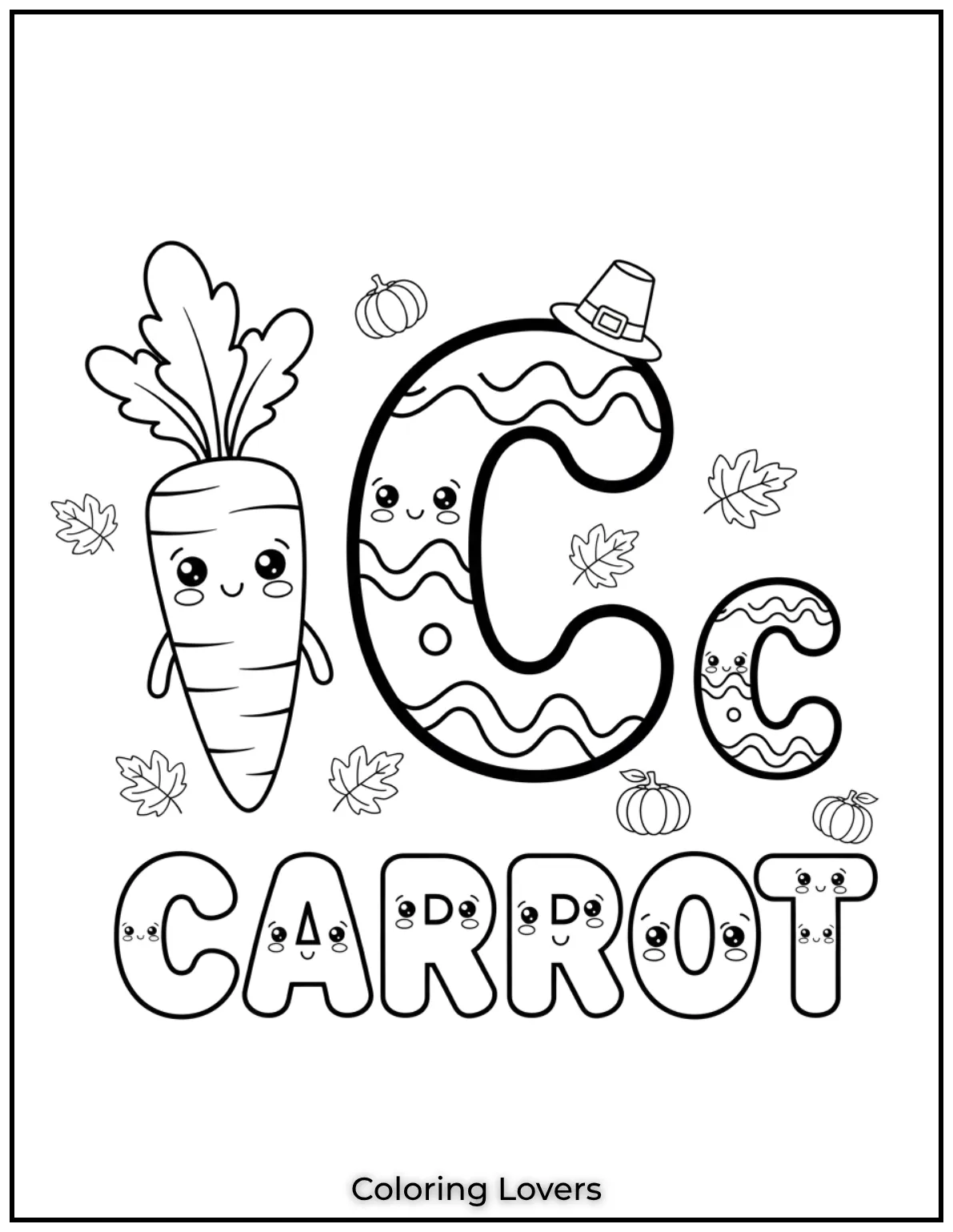 Letter C carrot coloring page for preschoolers
