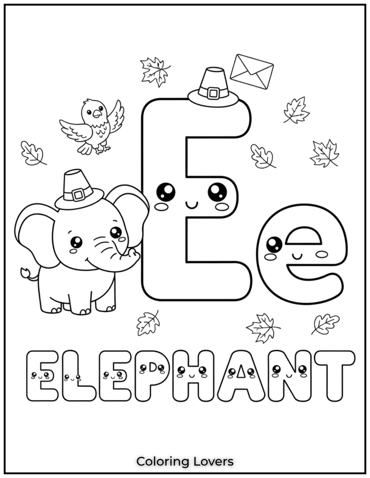Letter E elephant coloring page