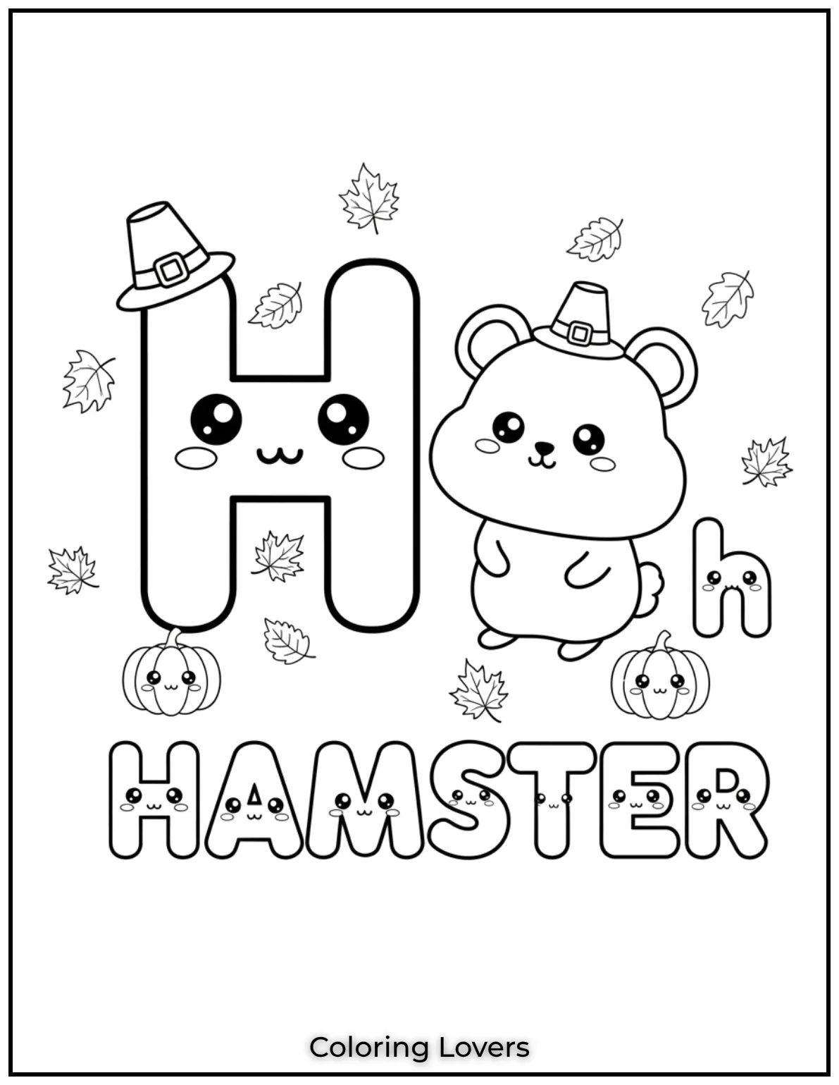 Letter H hamster coloring page for preschoolers