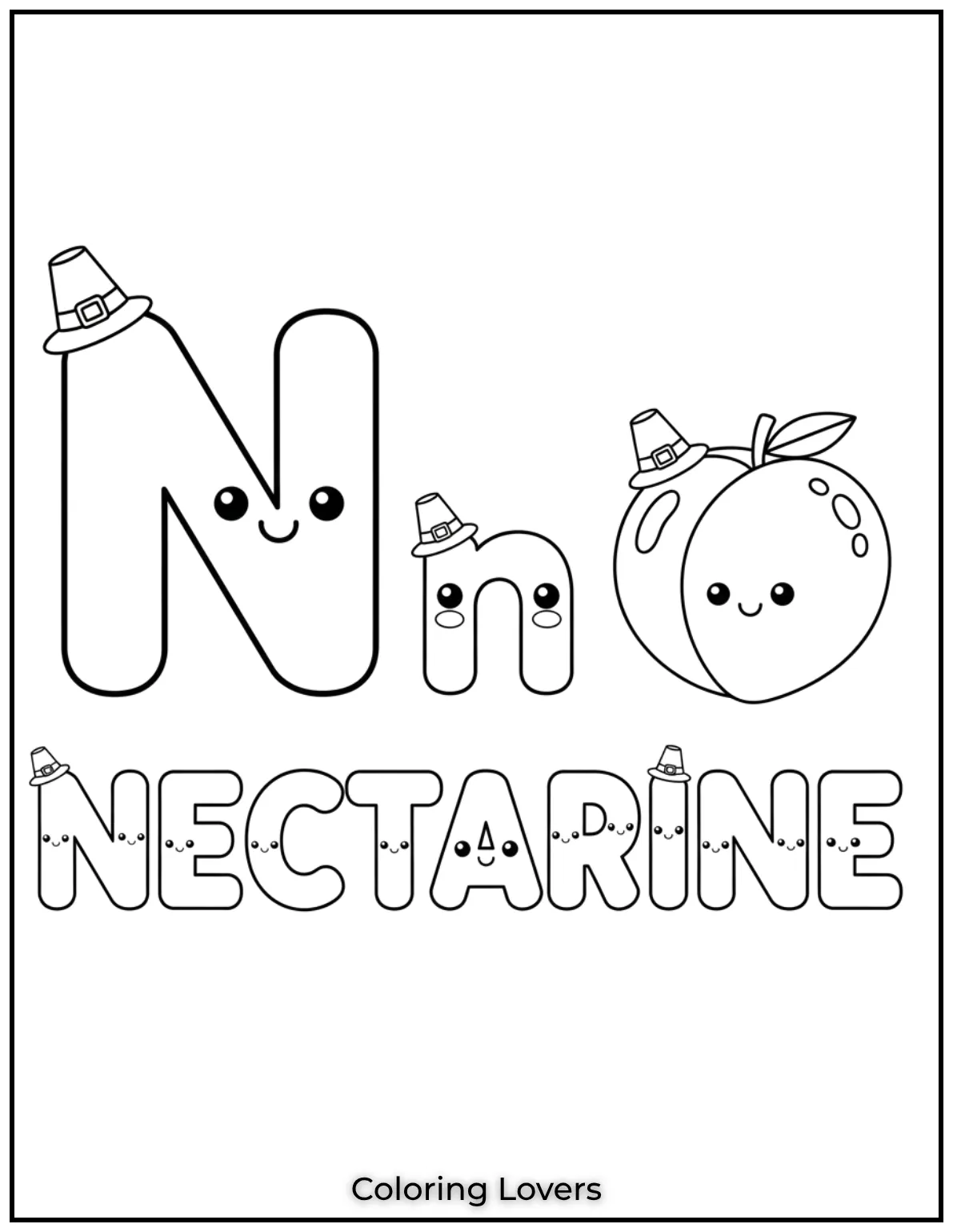 Letter N nectarine coloring page for preschoolers