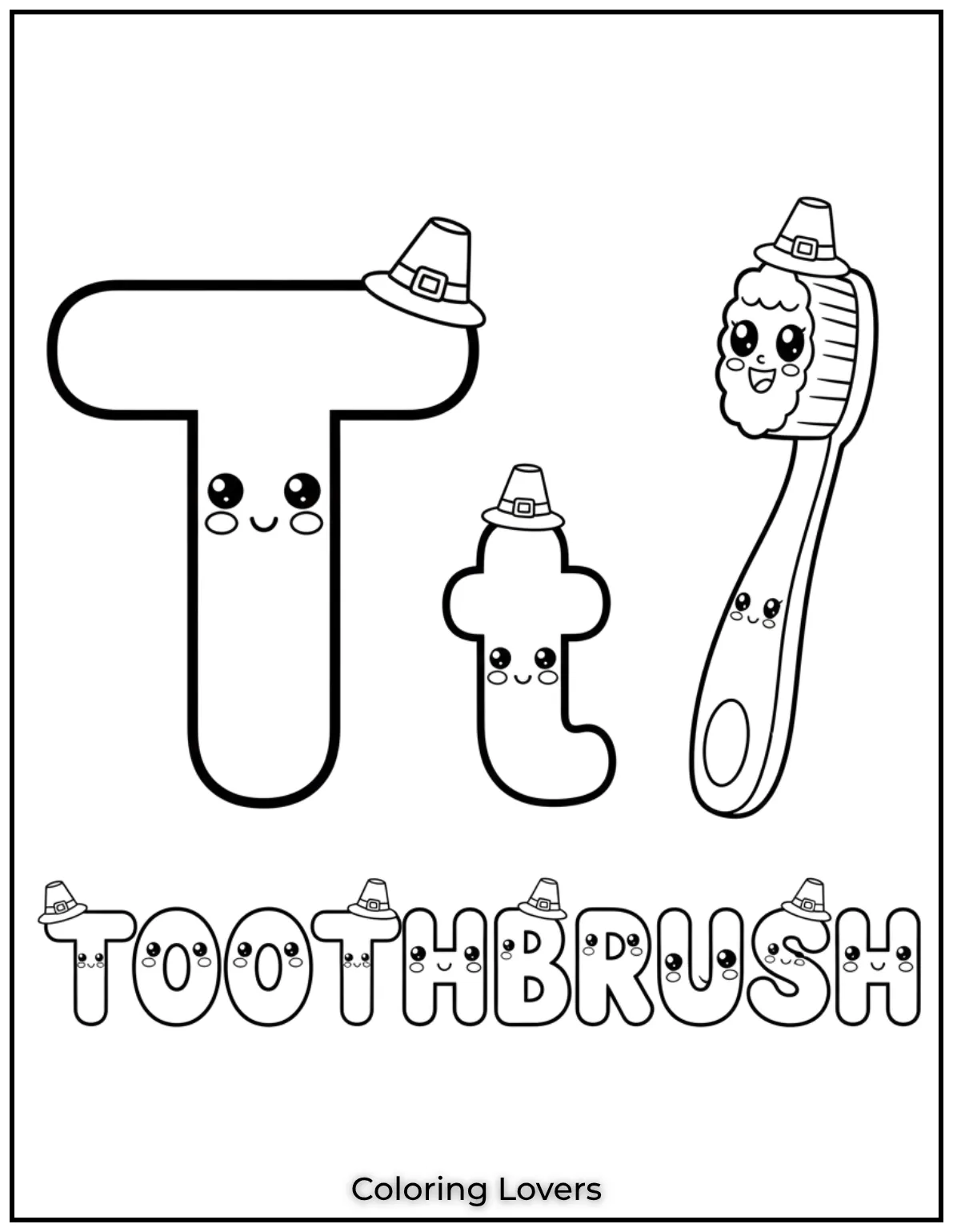 Letter T toothbrush coloring page for preschoolers